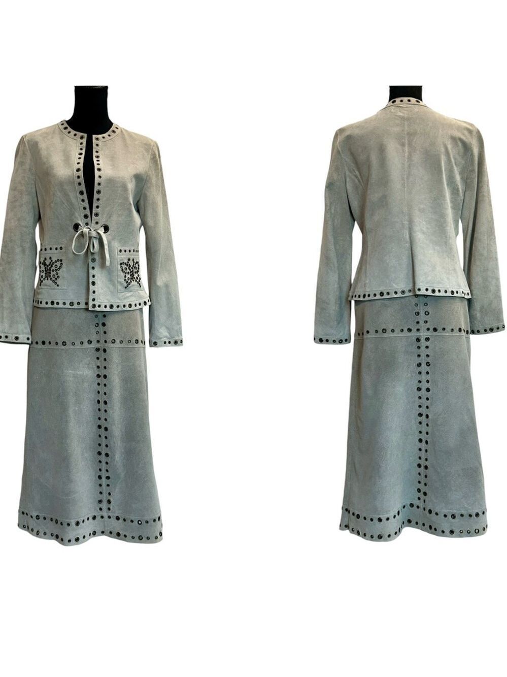 Sandra Angelozzi gray taupe suede butterfly grommet blazer midi pencil skirt set